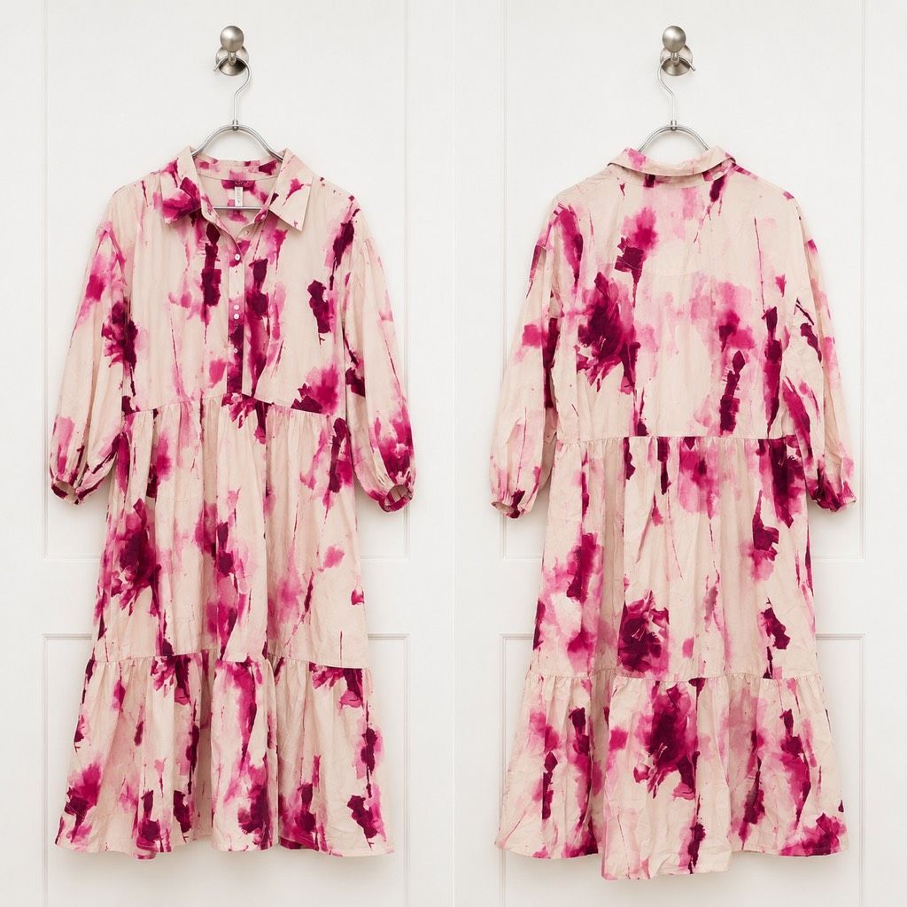 Anthropologie Maeve Bettina Tiered Shirt Dress Xl Pink Watercolor Cotton Pockets